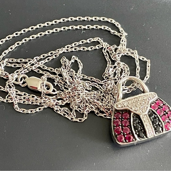 MIRABELLE Solid 18k 18kt white gold ruby and sapphire purse bag pendant necklace - Picture 2 of 16